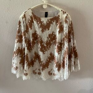 Chico’s Black Label Lace Top Brown/Beige Boat Neck Flounce Sleeves L (Chico’s 2)